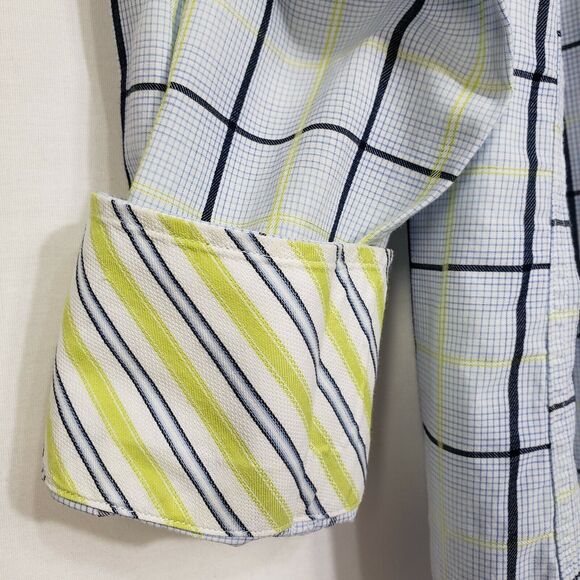 Thomas Dean Mens Shirt Size XL Blue Flip Cuff Button Front Long Sleeve Plaid - Picture 8 of 12